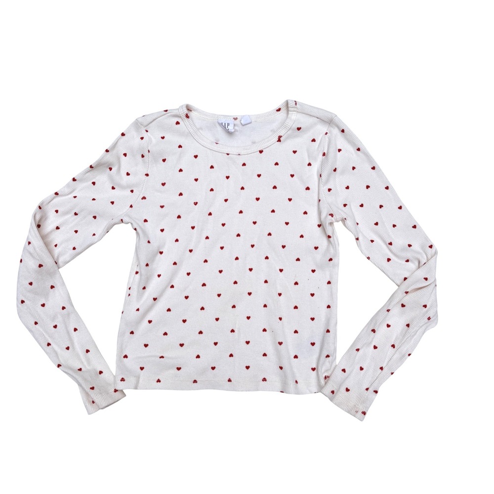 Gap Kids Girls White Red Heart Print Ribbed Long Sleeve Top Size M 8 Cotton